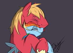 Size: 1024x737 | Tagged: safe, artist:rutkotka, big macintosh, rainbow dash, earth pony, pony, g4, blushing, cuddling, male, messy hair, ship:rainbowmac, shipping, sleeping, snuggling, stallion, straight