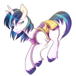 Size: 2572x2560 | Tagged: safe, artist:keen6, shining armor, pony, unicorn, g4, armor, badge, blue, high res, lidded eyes, male, sexy armor, simple background, smiling, solo, stallion, transparent background, unshorn fetlocks