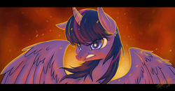 Size: 2798x1452 | Tagged: safe, artist:keen6, twilight sparkle, alicorn, pony, g4, curved horn, female, frown, gritted teeth, horn, mare, solo, spread wings, twilight sparkle (alicorn)