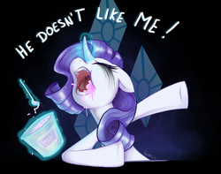 Size: 2348x1848 | Tagged: safe, artist:keen6, rarity, pony, g4, bucket, bust, crying, curved horn, dialogue, eyes closed, female, food, glowing horn, horn, ice cream, magic, marshmelodrama, open mouth, running makeup, solo, spoon, telekinesis, yelling