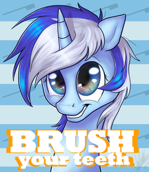 Size: 1547x1793 | Tagged: safe, artist:keen6, minuette, pony, unicorn, g4, female, grin, portrait, poster, solo, toothbrush