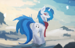 Size: 2455x1559 | Tagged: safe, artist:fuzzyfox11, dj pon-3, vinyl scratch, g4, butt, clothes, female, plot, scarf, snow, snowfall, solo, winter