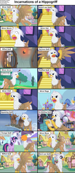 Size: 1282x2947 | Tagged: safe, artist:mlp-silver-quill, twilight sparkle, oc, oc:silver quill, alicorn, classical hippogriff, hippogriff, pony, g4, angry, arrow, black eye, canterlot, caption, compilation, cs captions, day, dungeon, female, food, incarnations of, injured, male, mare, orange, ponyville, pun, twilight sparkle (alicorn), twilight's castle, writing, yakyakistan, youtube