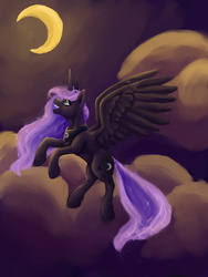 Size: 1500x2000 | Tagged: safe, artist:laraffy, princess luna, g4, female, flying, moon, night, solo