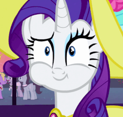 Size: 399x382 | Tagged: safe, screencap, bruce mane, jet set, lyrica lilac, rarity, pony, g4, sweet and elite, amulet, animated, background pony, chewing, clothes, dress, female, hat, jewelry, male, mare, puffy cheeks, raised eyebrow, scrunchy face, stallion, sun hat, talking