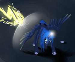 Size: 900x750 | Tagged: safe, artist:bugiling, princess luna, g4, angry, female, fight, force field, magic, solo