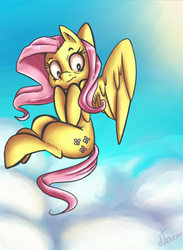 Size: 800x1093 | Tagged: safe, artist:atane27, fluttershy, g4, cloud, female, help, looking down, scared, sky, solo, spread wings