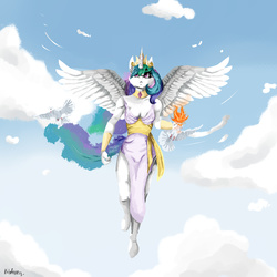 Size: 5000x5000 | Tagged: safe, artist:kotofoney, princess celestia, bird, dove, anthro, unguligrade anthro, g4, absurd resolution, clothes, dress, female, fire, flying, side slit, solo