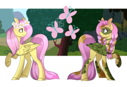 Size: 4349x3000 | Tagged: safe, artist:hfinder, fluttershy, pegasus, pony, g4, the cutie re-mark, alternate hairstyle, alternate timeline, braid, chrysalis resistance timeline, cutie mark, duality, duo, face paint, female, floral head wreath, folded wings, looking at each other, mare, mood contrast, mud, raised hoof, smiling, standing, tribalshy, wreath