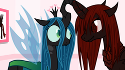 Size: 1067x600 | Tagged: safe, artist:mixermike622, queen chrysalis, oc, oc:marksaline, tumblr:ask fluffle puff, g4, do not want, horn, horns are touching