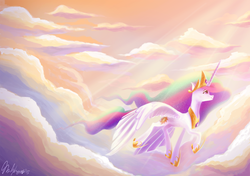 Size: 1400x988 | Tagged: safe, artist:maltese101, princess celestia, alicorn, pony, g4, cloud, crepuscular rays, female, flying, mare, profile, sky, solo, spread wings, wings