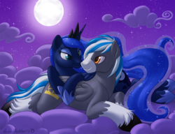 Size: 1571x1206 | Tagged: safe, artist:brianblackberry, princess luna, oc, g4, canon x oc, cloud, full moon, moon, night, shipping