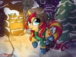 Size: 1600x1200 | Tagged: dead source, safe, artist:sunsetcrady, sunset shimmer, pony, unicorn, g4, blushing, boots, breath, clothes, female, hat, night, snow, snowfall, socks, sockset shimmer, solo, sweater, winter, winter outfit