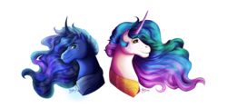 Size: 2428x1158 | Tagged: safe, artist:k-e-t-t-y, princess celestia, princess luna, g4, bust, curved horn, cute little fangs, fangs, horn, simple background, sisters, smiling, transparent background