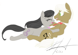 Size: 800x572 | Tagged: dead source, safe, artist:narbevoguel, frederic horseshoepin, octavia melody, earth pony, pony, g4, blushing, bowtie, collar, cute, duo, eyelashes, eyes closed, female, fredtavia, glomp, male, mare, open mouth, shipping, stallion, straight, surprised, tavibetes