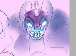 Size: 702x514 | Tagged: safe, artist:thelunarmoon, nightmare moon, alicorn, pony, g4, creepy smile, looking at you, nightmare fuel, sharp teeth, sketch, solo, teeth