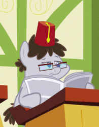 Size: 236x302 | Tagged: safe, screencap, truffle shuffle, earth pony, pony, g4, ponyville confidential, animated, background pony, colt, fez, gif, glasses, hat, male, reading, solo