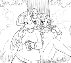 Size: 1280x1124 | Tagged: safe, artist:glacierclear, rarity, sunset shimmer, alicorn, human, anthro, g4, clothes, coffee, food, humanized, monochrome, race swap, raricorn, scarf, sweater, tree