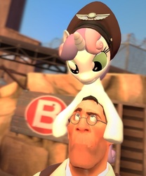 Size: 674x812 | Tagged: safe, artist:demongmod, sweetie belle, human, pony, g4, 3d, cute, medic, medic (tf2), ponies riding humans, pony hat, riding, sweetiehat, team fortress 2