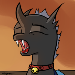 Size: 1000x1000 | Tagged: safe, artist:shikogo, oc, oc only, oc:kuno, changeling, fanfic:an affliction of the heart, bell, bell collar, changeling oc, collar, cute, cuteling, digital art, female, morning ponies, open mouth, solo, sunrise, yawn