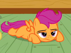 Size: 322x241 | Tagged: safe, screencap, apple bloom, scootaloo, earth pony, pony, g4, ponyville confidential, animated, blinking, bored, female