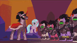 Size: 1200x675 | Tagged: safe, edit, edited screencap, idw, screencap, king sombra, radiant hope, pony, unicorn, g4, the cutie re-mark, spoiler:comic, alternate timeline, animated, crystal empire, crystal war timeline, curved horn, female, horn, male, mind control, raised hoof, ship:hopebra, sombra empire, sombra soldier, straight