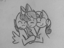 Size: 2592x1936 | Tagged: safe, artist:poorlydrawnpony, apple bloom, scootaloo, sweetie belle, g4, cutie mark crusaders, group hug, monochrome, traditional art