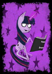 Size: 1489x2104 | Tagged: safe, artist:scorpionskissx, twilight sparkle, pony, unicorn, g4, abstract background, book, female, glowing horn, horn, levitation, magic, magic aura, mare, solo, style emulation, telekinesis, tim burton, unicorn twilight