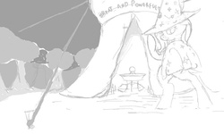 Size: 794x477 | Tagged: safe, artist:yoditax, trixie, pony, g4, bipedal, female, monochrome, sketch, solo, tent