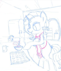 Size: 406x477 | Tagged: safe, artist:yoditax, rarity, pony, g4, apron, bipedal, clothes, cookie, female, food, kitchen, sketch, solo, tray