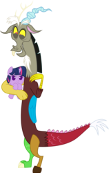 Size: 1971x3126 | Tagged: safe, artist:megarainbowdash2000, discord, twilight sparkle, alicorn, draconequus, pony, g4, age regression, baby, baby pony, babylight sparkle, duo, female, foal, grumpy, holding a pony, mare, simple background, transparent background, twilight sparkle (alicorn), vector, younger