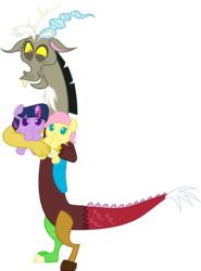 Size: 1960x2651 | Tagged: safe, artist:megarainbowdash2000, discord, fluttershy, twilight sparkle, alicorn, draconequus, pegasus, pony, g4, age regression, baby, baby pony, babylight sparkle, babyshy, female, foal, grumpy, holding a pony, mare, simple background, transparent background, trio, twilight sparkle (alicorn), vector, younger