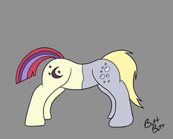 Size: 1280x1024 | Tagged: safe, artist:facade, derpy hooves, moondancer, oc, oc:butt-butt, buttpony, pegasus, pony, ask the poniz, g4, conjoined, female, fusion, gray background, hilarious in hindsight, mare, moonderper, reverse pushmi-pullyu, simple background