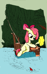 Size: 718x1114 | Tagged: safe, artist:mcstalins, artist:thatsweetiebellefan, apple bloom, earth pony, pony, g4, colored, female, fishing, fishing rod, gramophone, solo, traditional art, water