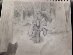 Size: 1280x960 | Tagged: safe, artist:mranthony2, edit, oc, oc only, oc:lemon bounce, cat, bush, everfree forest, grass, grayscale, monochrome, mud, muddy hooves, scared, scenery, shading, shading edit, solo, traditional art, tree, walking, worried