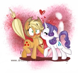 Size: 737x688 | Tagged: safe, artist:vago-xd, applejack, rarity, earth pony, pony, unicorn, g4, blushing, cheek kiss, duo, female, kissing, lesbian, mare, ship:rarijack, shipping, something else also rises, surprise kiss, surprised, tailboner