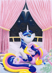 Size: 3300x4650 | Tagged: safe, artist:xeviousgreenii, princess cadance, shining armor, g4, colored pencil drawing, female, high res, looking up, male, ship:shiningcadance, shipping, snuggling, stars, straight, traditional art