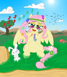 Size: 2203x2552 | Tagged: safe, artist:blood-asp0123, angel bunny, fluttershy, pegasus, pony, rabbit, g4, animal, eyes closed, facepalm, female, hippie, hippieshy, male, mare, open mouth, sitting, sunglasses, tattoo, unamused
