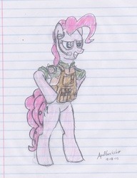 Size: 2669x3484 | Tagged: safe, artist:apullbuckshot, pinkie pie, pony, g4, bipedal, clothes, female, headset, high res, lined paper, military, solo, traditional art, vest