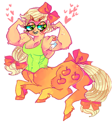 Size: 666x727 | Tagged: safe, artist:suippumato, applejack, centaur, g4, abs, applejacked, armpits, centaurjack, clothes, female, flexing, hair bow, muscles, solo, tank top