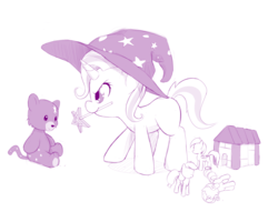 Size: 1181x900 | Tagged: safe, artist:dstears, trixie, pony, unicorn, ursa, g4, cute, diatrixes, female, filly, monochrome, mouth hold, solo, teddy bear, wand, younger