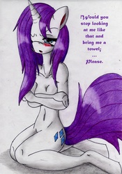 Size: 2950x4206 | Tagged: safe, artist:alcasar-reich, rarity, anthro, g4, barbie doll anatomy, belly button, blushing, breasts, female, nudity, skinny, solo, thin, wet, wet mane, wet mane rarity