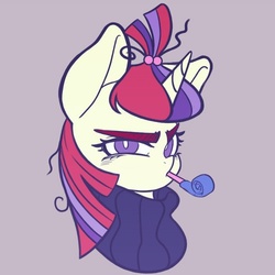 Size: 500x500 | Tagged: dead source, source needed, useless source url, safe, artist:kaikoinu, moondancer, pony, unicorn, g4, bust, clothes, cute, female, frown, glare, gray background, grumpy, looking at you, mare, messy mane, mouth hold, party horn, simple background, solo, sweater