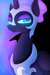 Size: 1024x1515 | Tagged: safe, artist:hosikawa, nightmare moon, alicorn, pony, g4, bust, colored pupils, female, lidded eyes, solo