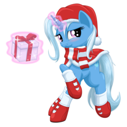 Size: 2840x2840 | Tagged: safe, artist:ohemo, trixie, pony, unicorn, g4, :3, blushing, cape, christmas, clothes, female, hat, high res, hoof boots, magic, mare, present, santa hat, scarf, simple background, solo, telekinesis, transparent background