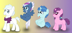 Size: 1024x476 | Tagged: safe, artist:crazynutbob, double diamond, night glider, party favor, sugar belle, g4, colt, cute, double dawwmond, equal four, favorbetes, filly, foal, glideabetes, headband, sitting, sugarbetes, underhoof, younger