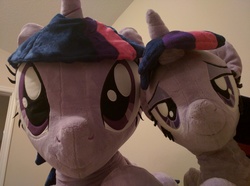 Size: 4160x3088 | Tagged: safe, artist:plushwaifus, artist:qtpony, photographer:corpulentbrony, twilight sparkle, g4, bedroom, bedroom eyes, bedroom ponies, cute, duality, in bed, irl, life size, multeity, photo, plushie, sparkle sparkle sparkle, twiabetes