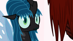Size: 1067x600 | Tagged: safe, artist:mixermike622, queen chrysalis, oc, oc:marksaline, tumblr:ask fluffle puff, g4, alternate hairstyle, reaction image, scrunchy face, shock