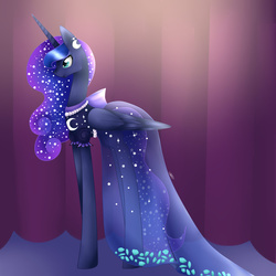 Size: 1024x1024 | Tagged: safe, artist:midfire, princess luna, canterlot boutique, g4, clothes, concave belly, dress, female, long legs, over the moon, profile, solo, tall
