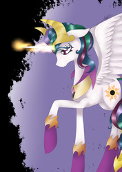 Size: 1530x2160 | Tagged: safe, artist:midfire, idw, princess celestia, alicorn, pony, g4, reflections, spoiler:comic, dark mirror universe, evil celestia, evil counterpart, female, floppy ears, glowing horn, horn, mirror universe, raised hoof, solo, spread wings, wings